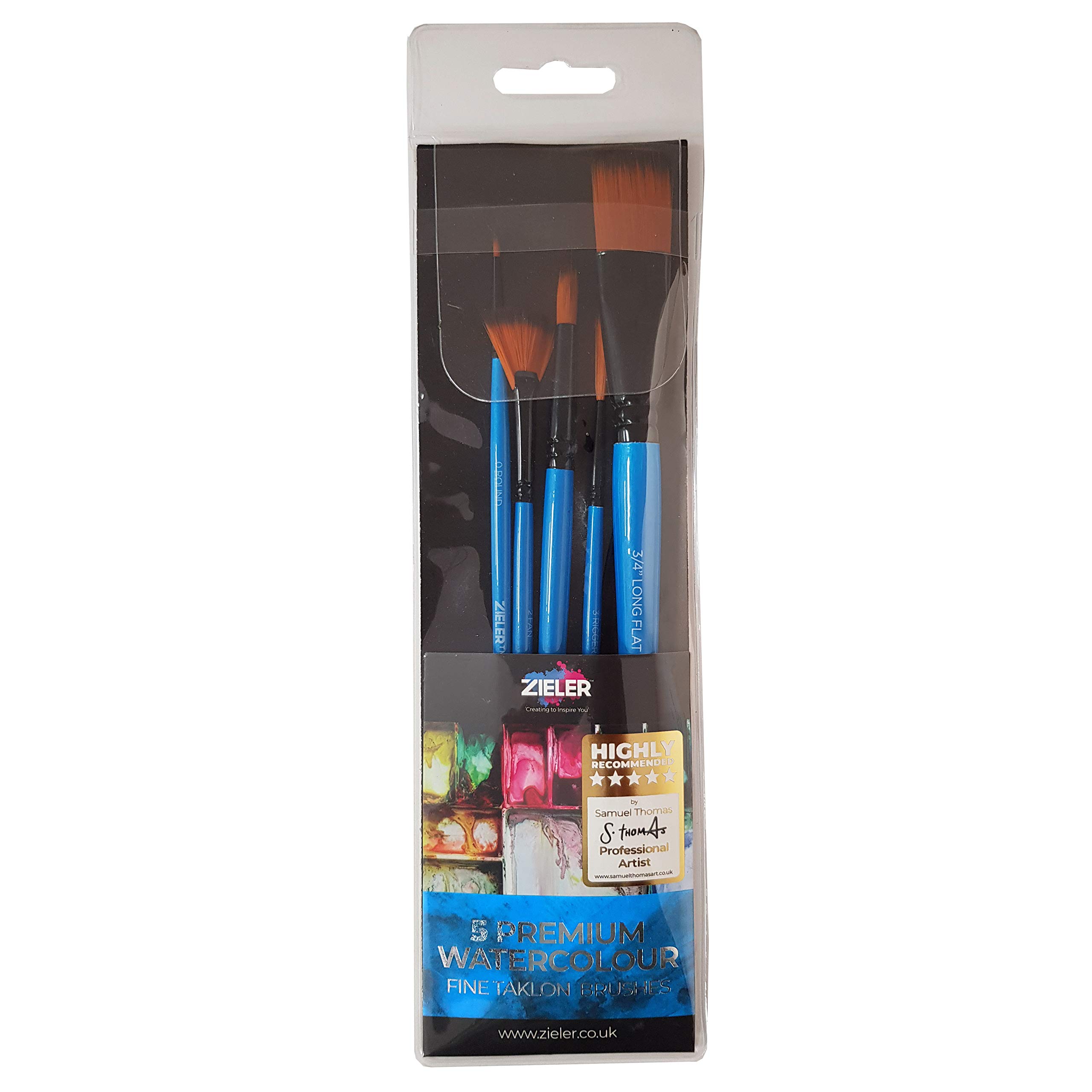 5 Artists Paintbrushes - by Zieler® - Soft nylon, anti-shedding hairs. Made from Kiln-dried hardwood in gloss finish (Watercolour)