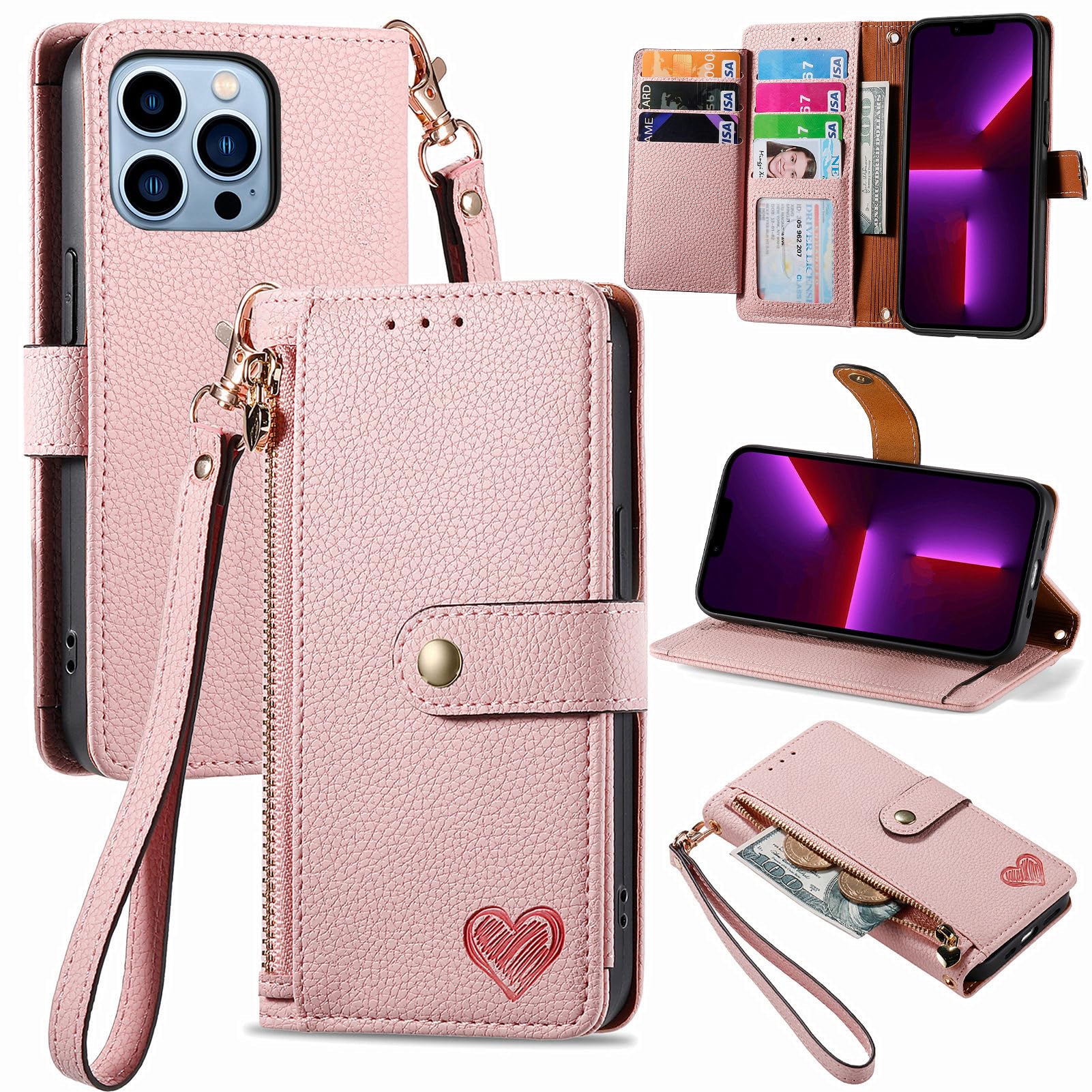 VEEMOS Zipper Wallet Case for Apple iPhone 13 Pro Phone Case with Purse Card Holders RFID Blocking Leather Flip Case Book Cover Wrist Strap Women - Pink