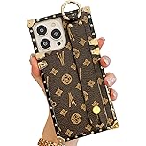TRODINO Rectangle Leather Compatible with iPhone 13 Pro Max Case with Wristband Strap, Luxury Designer Phone Case for Women Girls, Hand Holder Kickstand Protective Bumper Cover 6.7” (Brown)