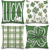 DIYDEC 4PCS St Patricks Day Pillow Covers 18x18 Inch Shamrock Clover St Patricks Decorative Throw Pillow Covers St Patricks Lucky March Plaid Cushion Cases Decor for Holiday Farmhouse Home Sofa Couch