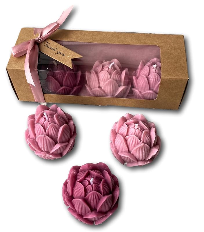 Lotus carved candle set, plum scented candles, purple candle gift set