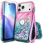 NGB Designed for iPhone 17-Pro-Max Case, Pink/Aqua | Glitter Liquid Sparkle Cute Phone Cover for Women Girls Kids | with Tempered Glass Screen Protector & Ring Holder & Wrist Strap Lanyard