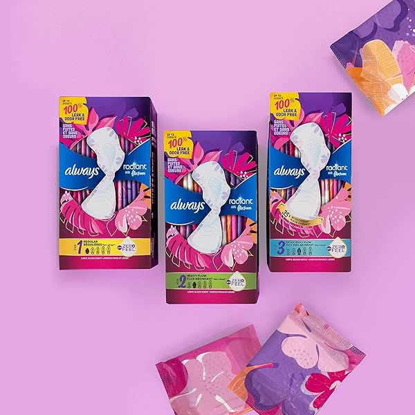 ALWAYS RADIANT FEMININE PADS FOR WOMEN, FLEXFOAM PADS WITH WINGS, SIZE 2, HEAVY ABSORBENCY, LIGHTLY SCENTED, 36 COUNT