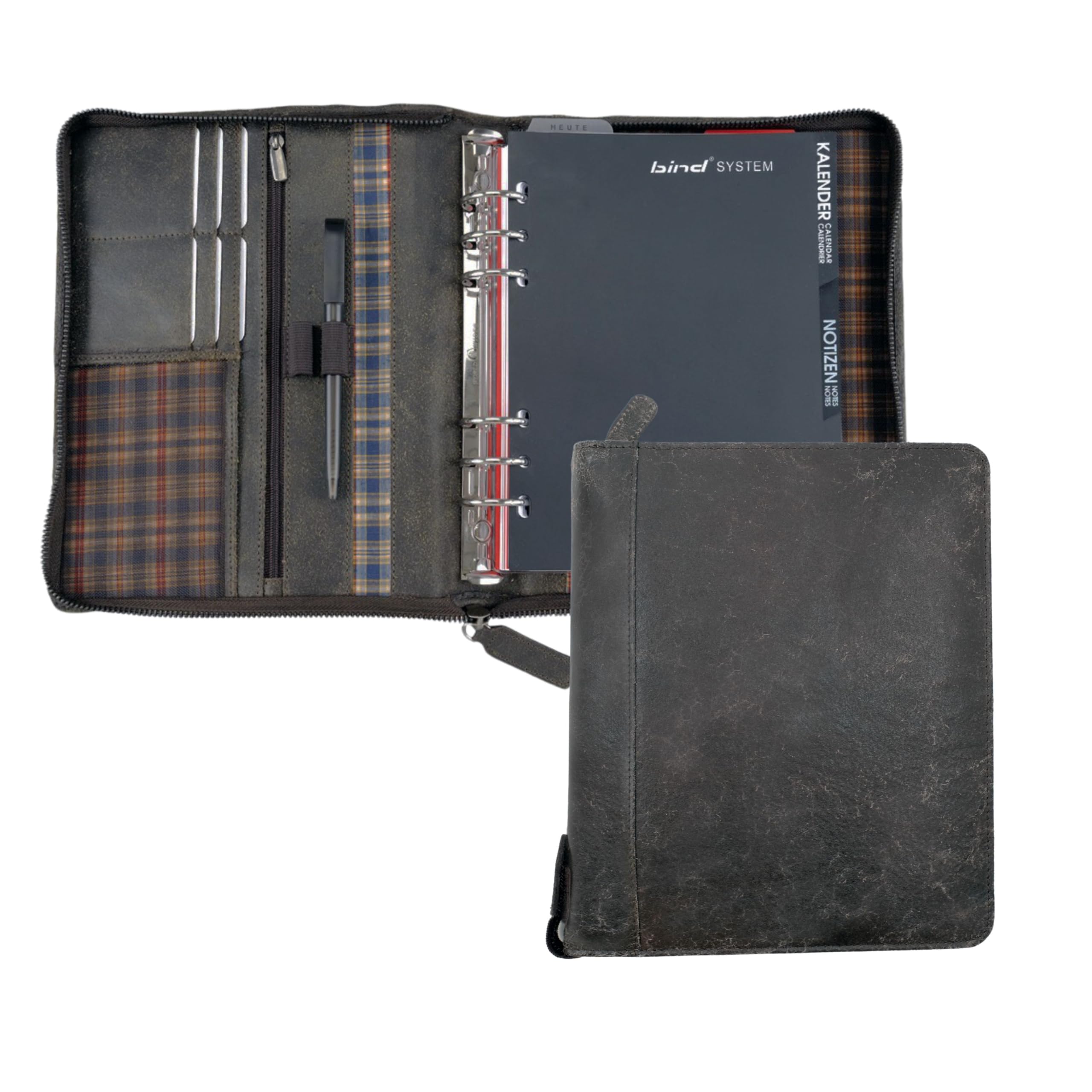 Bind 15503 - System planner folder made of split washed leather in vintage look, brown, approx. 24.5 × 20 × 4 cm, with A5 appointment calendar