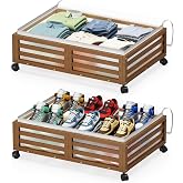 Under Bed Storage with Wheels, 2 Pack Bamboo Drawers for Shoes and Clothes | Fitted dustproof bags, stackable design, smooth pullout access for bedding, blankets, toys and seasonal essentials