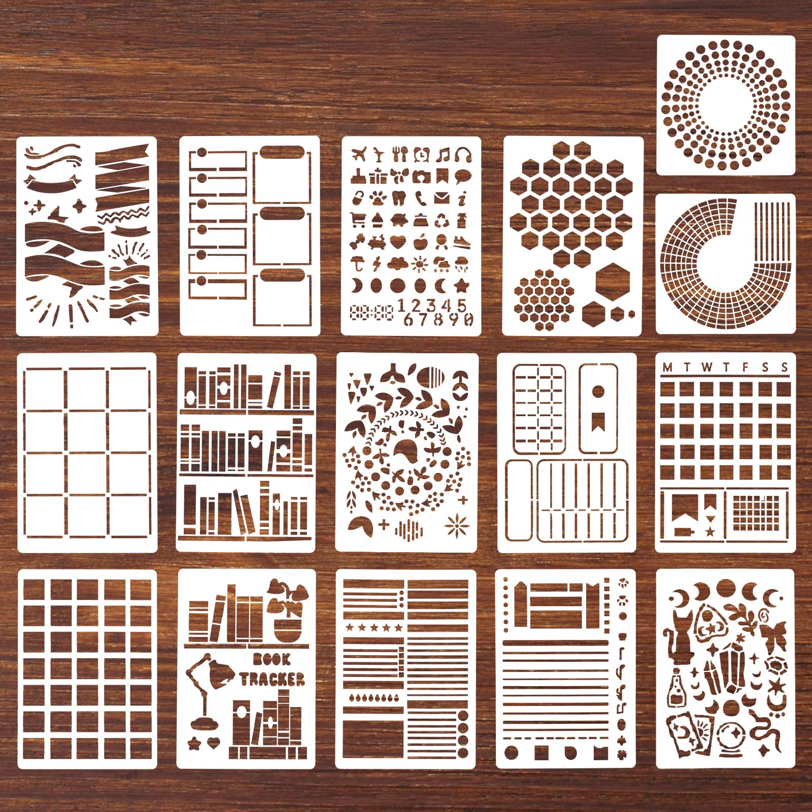 View 1 of 16 Pcs Journal Stencils Bullet Dotted Journals Supplies Happy Planner Stencil Drawing Templates Accessories Kit for Create Calendars Schedule Journaling DIY Notebook Cards Scrapbook Decorations
