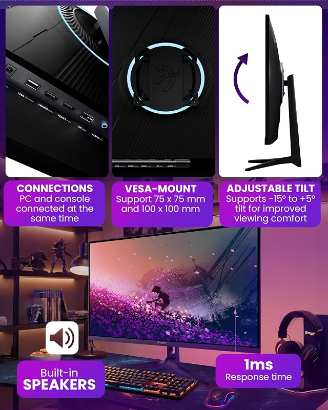 Nova 32" QHD 2560×1440 IPS Gaming Monitor, 180 Hz, 1 ms, FreeSync, HDR, Colunas Integradas – Roxo