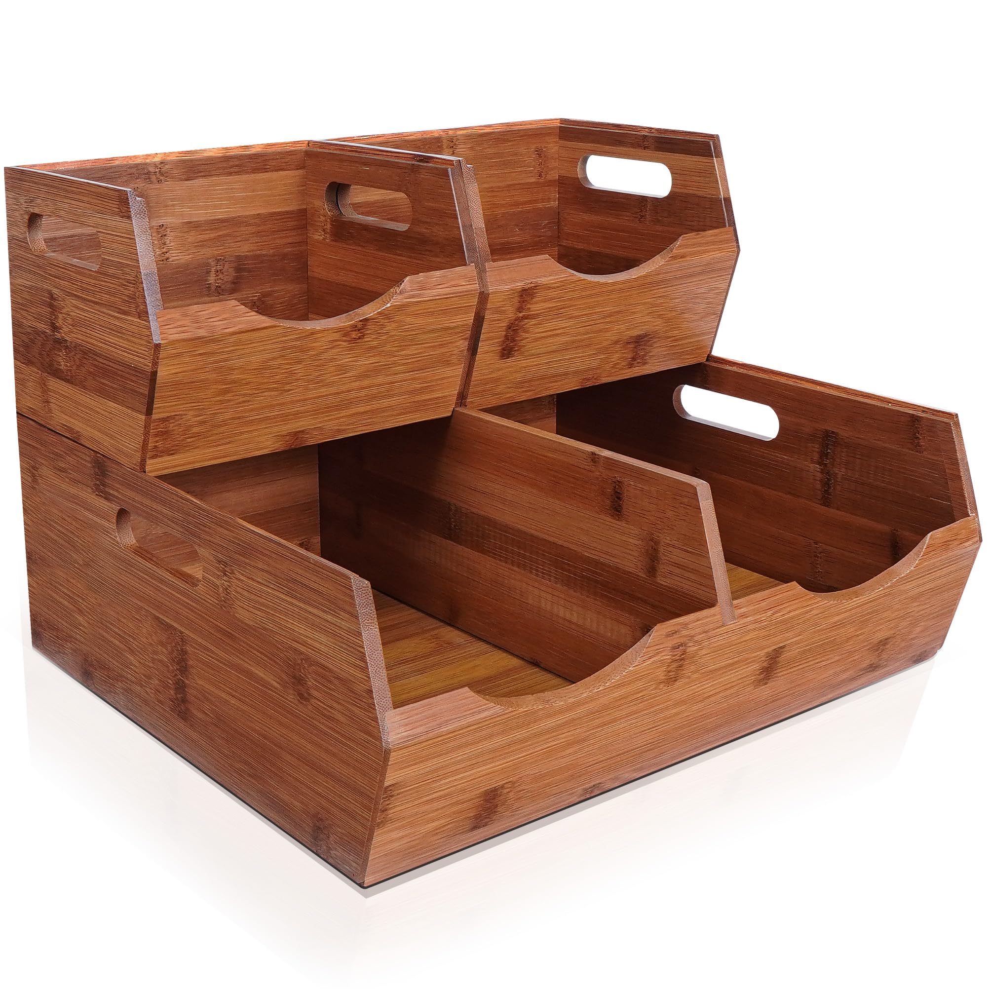 Photo 1 of [Upgraded] 2-tier Stackable Bamboo Pantry Storage Bins, Potato and Onion Storage Baskets with Handles, Removable Divider, Pantry Organizer Holder for Kitchen, Office, Cabinet, Fruit Storage (Walnut)