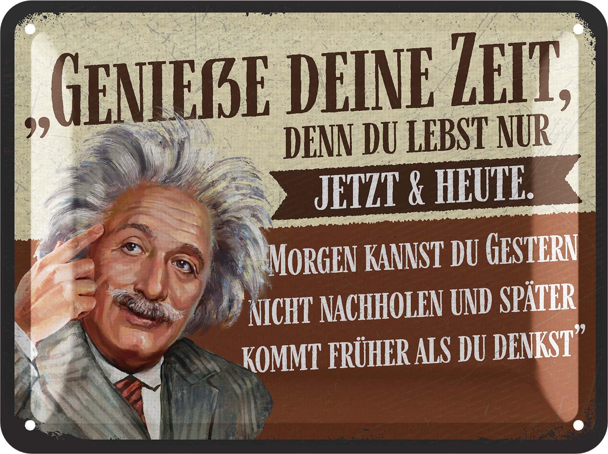 LANOLU Retro Tin Sign - Genießen dein Zeit - Albert Einstein Poster Made of Metal with Quote, Gifts for Girlfriends, Wisdom of Life in Shabby Decorative Style, Sayings Vintage Metal Sign 15 x 20 cm