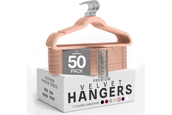 Utopia Home Velvet Hangers 50 Pack, Heavy Duty, Non-Slip, Space Saving Felt Clothes Hangers with 360° Hook & Notches (Pink) |