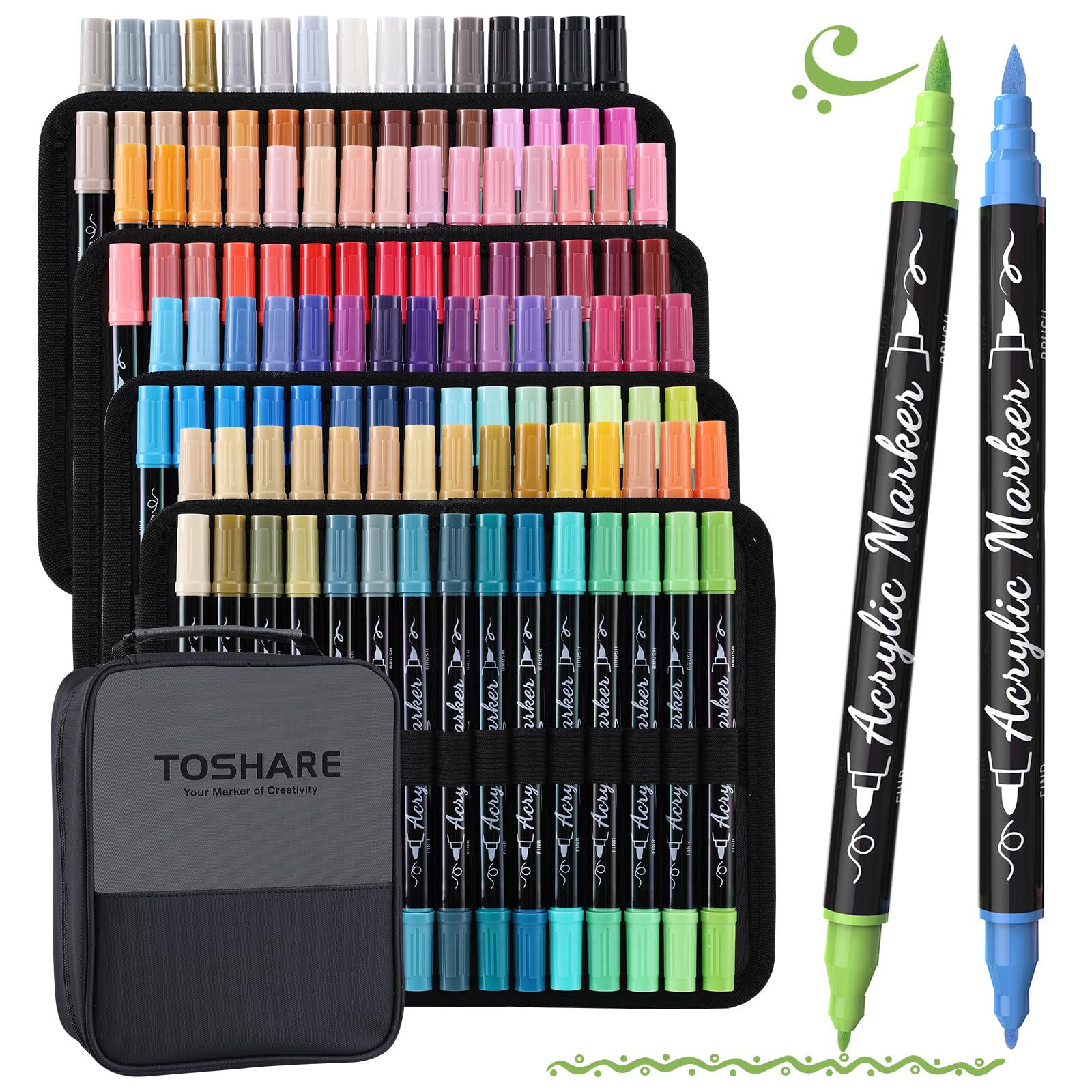 TOSHARE 120 Colors Acrylic Paint Markers Waterproof Dual Tip Acrylic Paint Pens with Brush & Fine Tip Professional Marker Set Scrapbook Markers for Paper Rock Wood Fabric Glass Ceramic and DIY Crafts Image