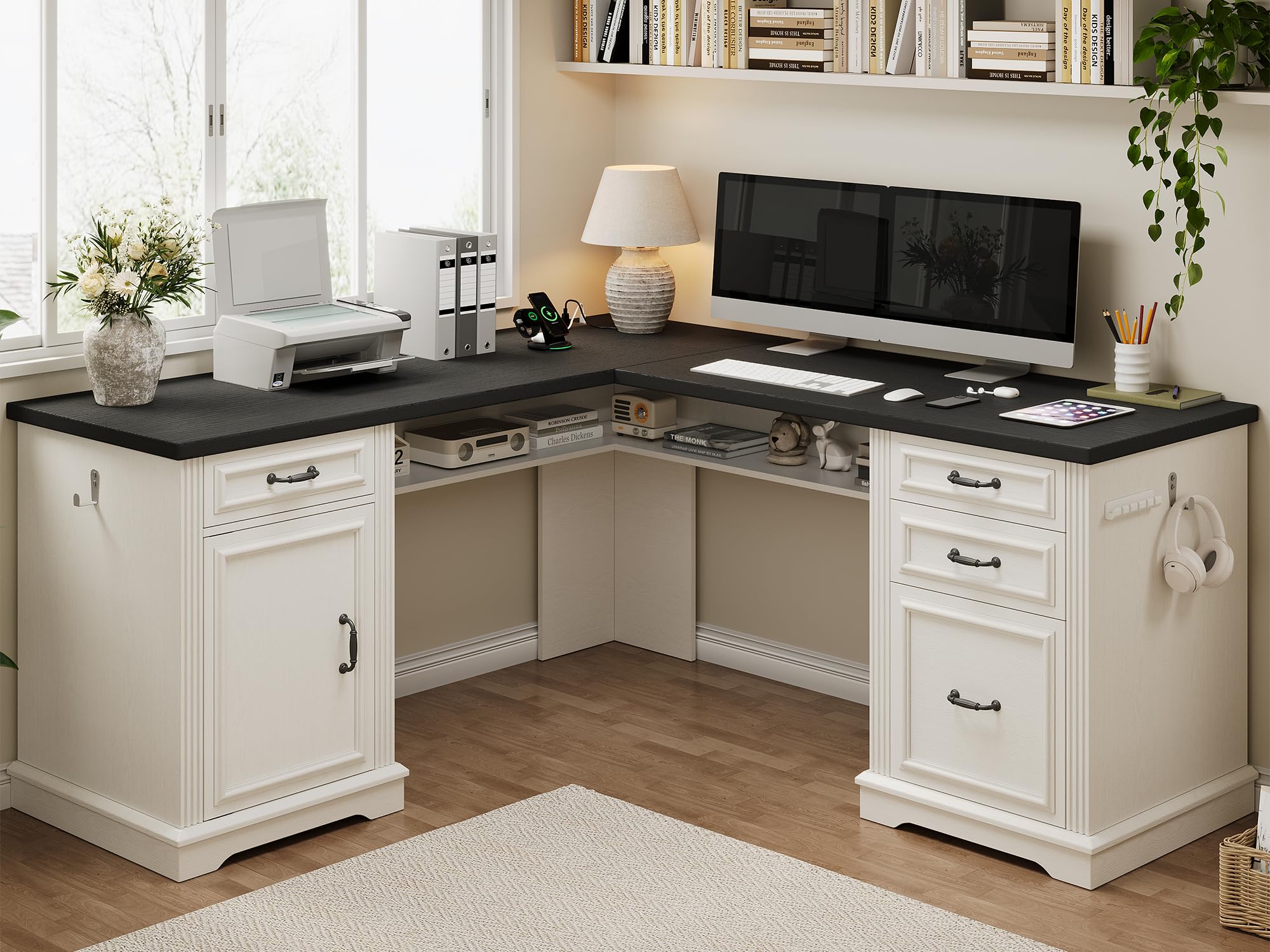 Photo 1 of *******SEE NOTES******Farmhouse L Shaped Executive Desk with 4 Drawers, Home Office Desk with Hidden Under-Desk Storage Shelf and Charging Station, File Cabinet Storage, Wood Corner Computer Desk for Work and Study, White