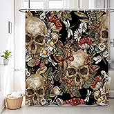Renaiss 72 x 72 Inch Gothic Sugar Skull Shower Curtain Spooky Skeleton Vintage Mushroom Flower Floral Daisy Bath Shower Curtain Halloween Botanical Aesthetic Bathroom Decor Curtains Polyester 12 Hooks