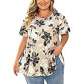 Tunic Tops for Women Plus Size Short Sleeve Crew Neck Swing Flare Loose T-Shirt Blouses to Wear with Leggings