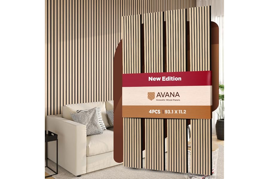 Avana Acoustic Wood Wall Panels – 93.2x11.25 Inch Panels – Fits 94x12 Layout – White Oak Acoustic Panels 4 PCs – Wall Panels for Interior Wall Decor for Homes, Offices – Design Wood Panels for Wall
