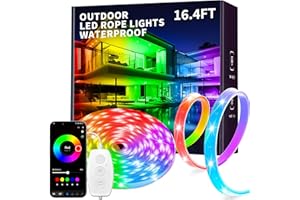 KSIPZE 16.4ft Outdoor led Strip Lights Waterproof IP68, RGB Outdoor led Lights with Button & Bluetooth App Control, Music Sync, Timer, Exterior Led Rope Lights for Decor Balcony, Roof, Garden, Pool