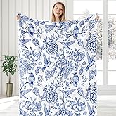 JarThenaAMCS Floral Bird Fuzzy Blanket Chinoiserie Flower Throw Blanket Blue and White Soft Cozy Flannel Blanket for Home Bed Sofa Couch Chair, 50 x 60 Inch
