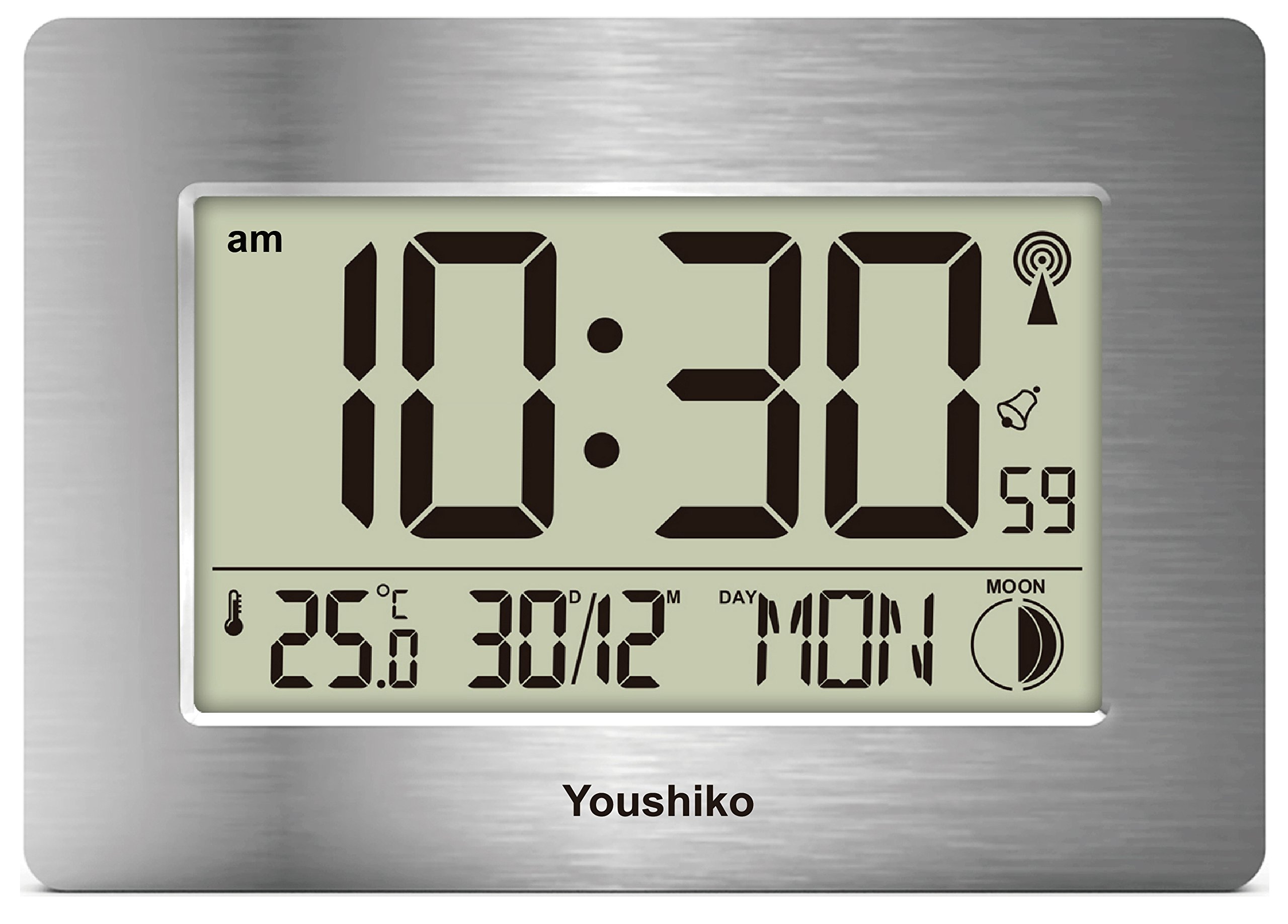 Youshiko Radio Controlled Wall Clock (Official UK Version) Large Screen LCD Silent Auto Set Up with Day Date Month