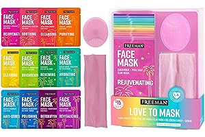 Freeman Facial Love To Mask Variety Pack: Oil Absorbing Clay, Detoxifying Charcoal, Clearing Peel Off, Hydrating Gel Cream, Exfoliating Scrub (14 Piece Kit with Bonus Buffer and Headband)