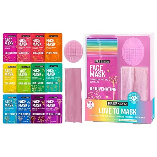 Freeman Facial Love To Mask Variety Pack: Oil Absorbing Clay, Detoxifying Charcoal, Clearing Peel Off, Hydrating Gel Cream, Exfoliating Scrub (14 Piece Kit with Bonus Buffer and Headband)