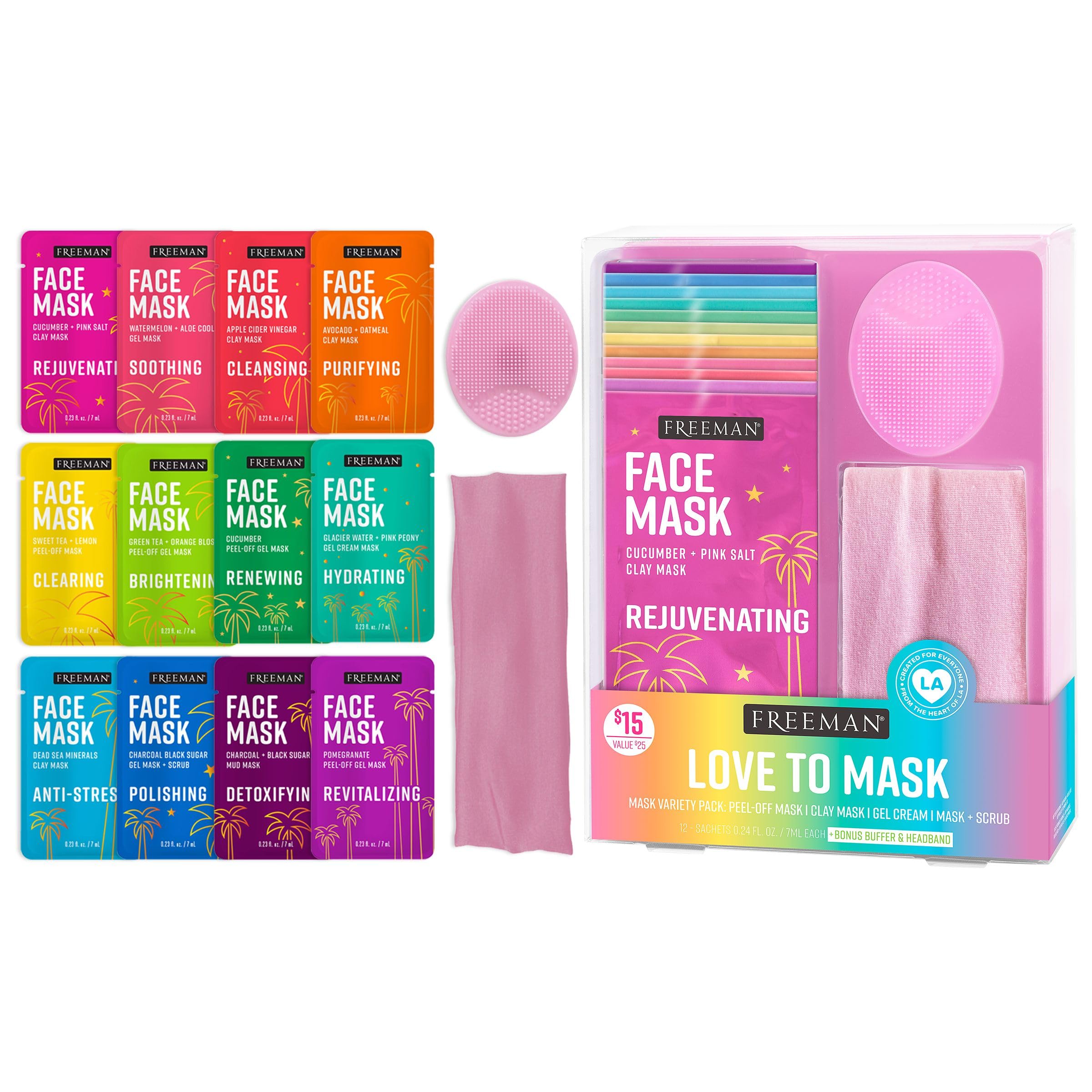 Freeman Facial Love To Mask Variety Pack: Oil Absorbing Clay, Detoxifying Charcoal, Clearing Peel Off, Hydrating Gel Cream, Exfoliating Scrub (14 Piece Kit with Bonus Buffer and Headband)