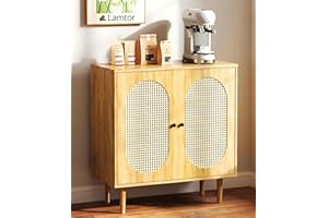Lamtor Rattan Buffet Cabinet with Storage - Sideboard Storage Cabinet with Curved Doors - Accent Console Table with Solid Wood Feet for Kitchen, Living Room, Dining Room, Entryway