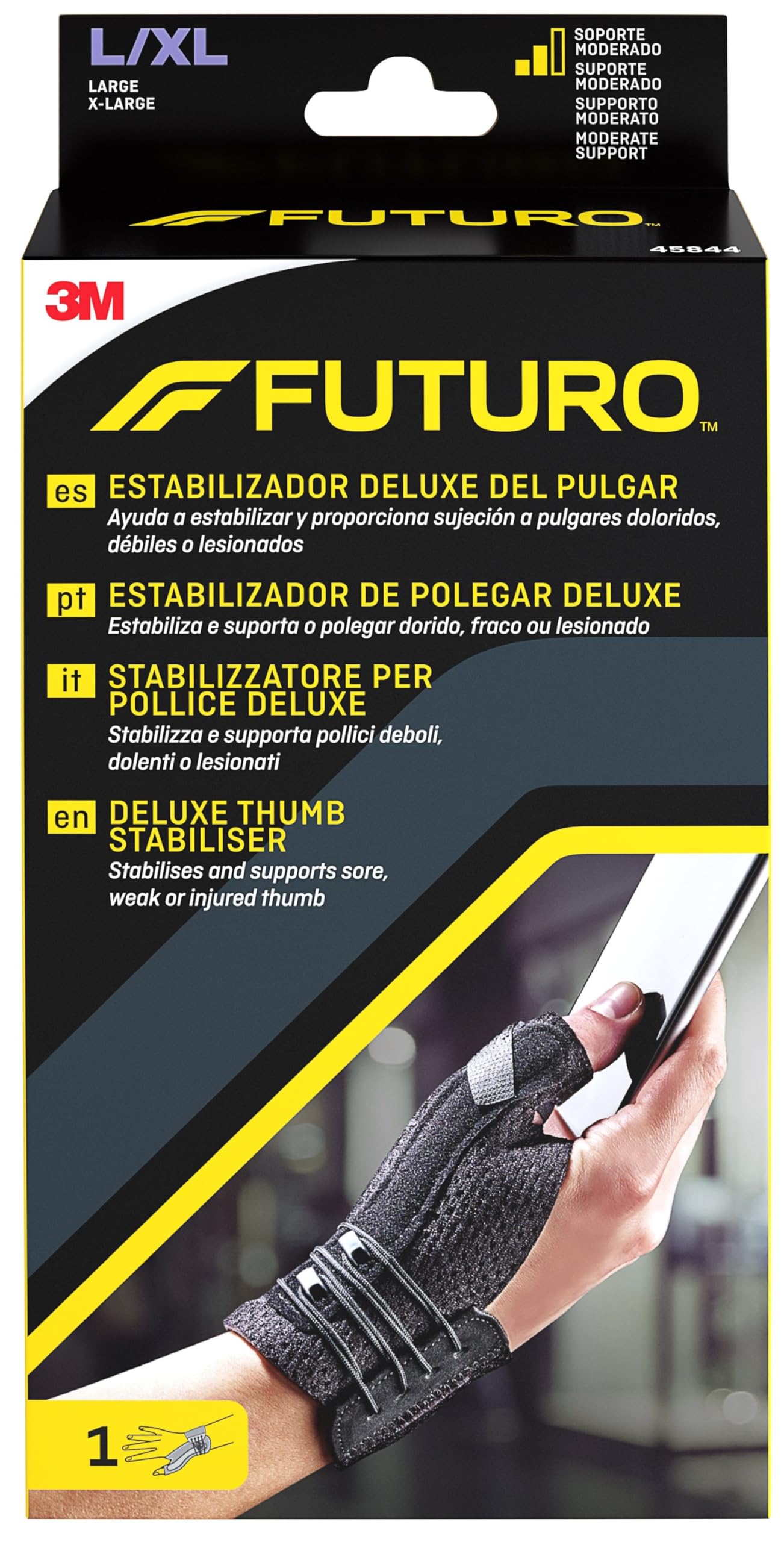 FUTURO Deluxe Thumb Stabilizer Black L/XL (16.5 - 20.3 cm) – Provides Comfortable and Moderate Support for Aching, Sore or Weak Thumbs, Breathable