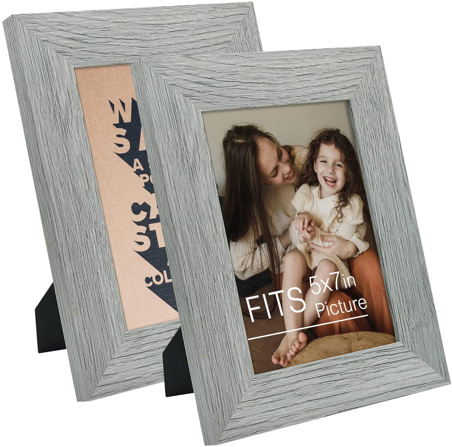 Frametory, 5x7 Photo Frame Grey Distressed Grain Style - Frames for 5 by 7 Picture or Photo - Wide Moulding Design with Real Glass - Wall Display or Tabletop Display (2 Pack)