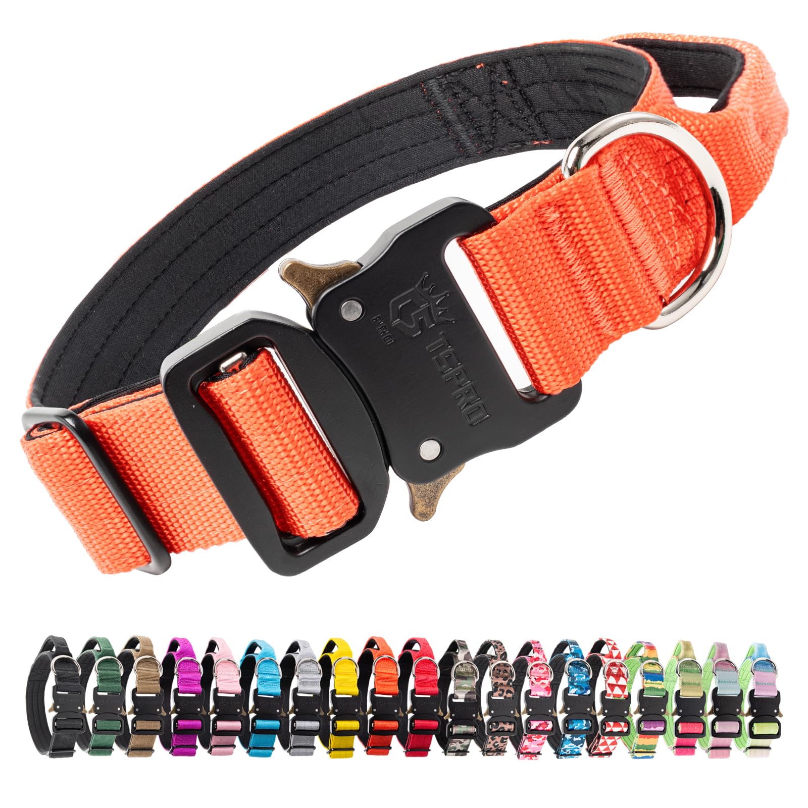 TSPRO Tactical Premium Dog Collar with Handle & Heavy Duty Quick Release Metal Buckle, Adjustable Thick Strong Collar for Medium Large Dogs (Orange, M)