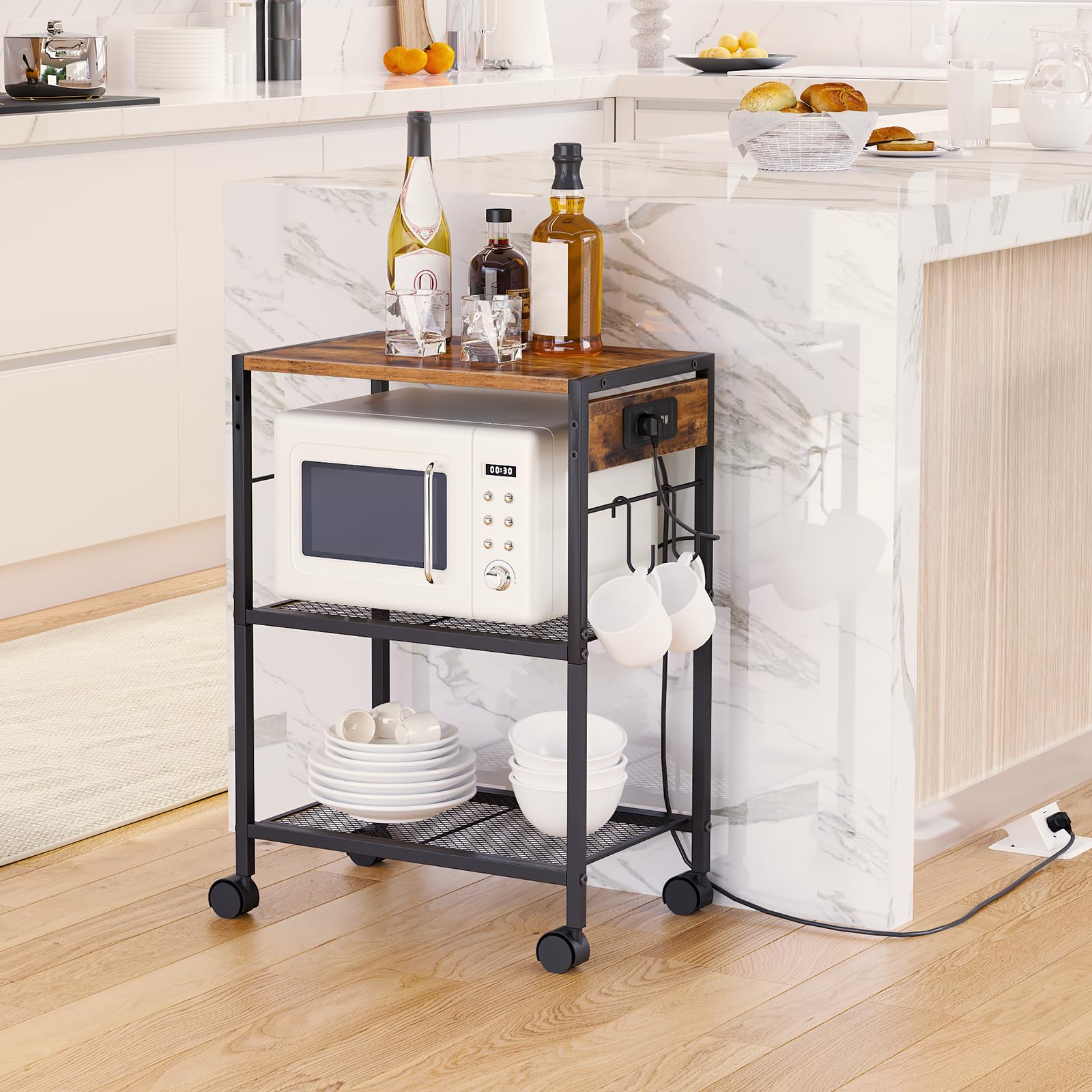 HOOBRO Druckerständer, 3-stufiger Druckerständer mit Ladestation, Lagerregal mit Rollen/verstellbaren Füßen, mit 2 Haken, für das Heimbüro, Vintagebraun und Schwarz EBF22CPS01 8