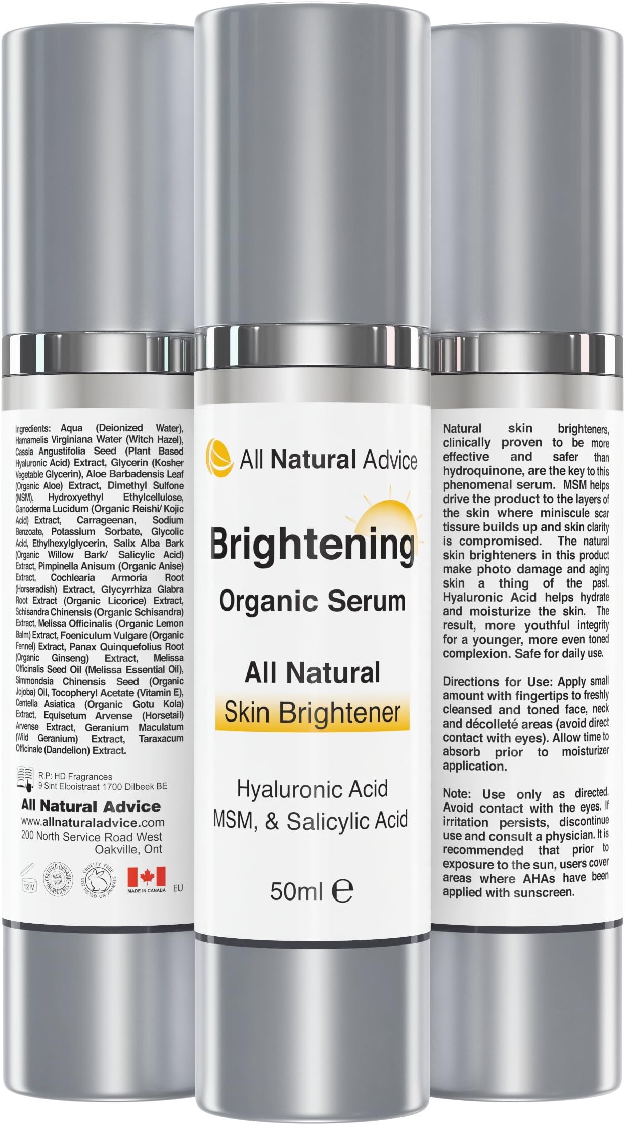 Brightening Serum with Hyaluronic Acid | Canadian Made | Reduces Dark and Sun Spots & Anti-Aging Skin Whitening, Diminishes Discoloration, Hyperpigmentation | 50ml | All Natural Advice