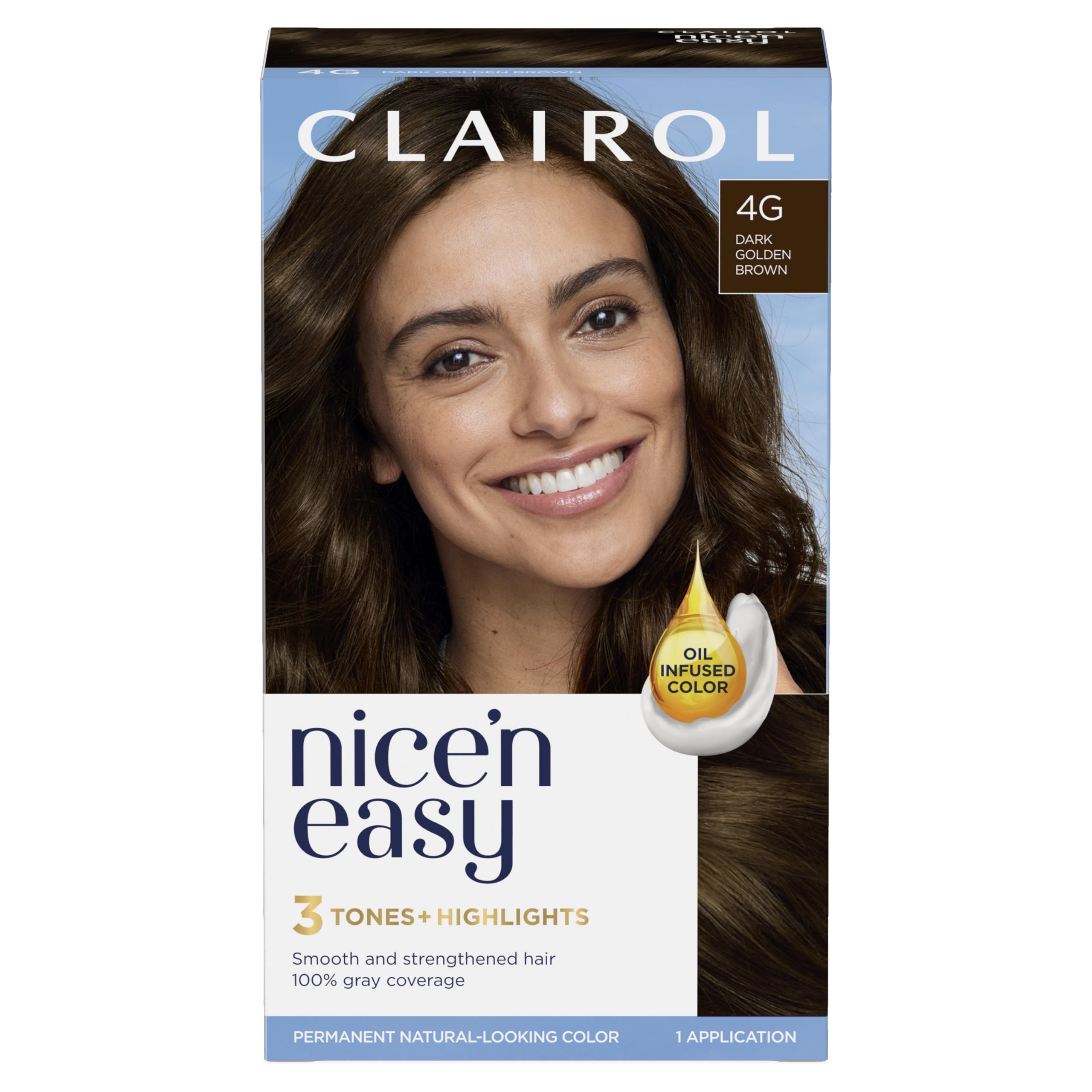 Clairol Nice'n Easy Crème, Natural Looking Oil Infused Permanent Hair Dye, 4G Dark Golden Brown,package may vary