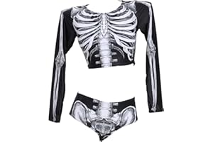 haikyuu Women Skeleton Two Piece Swimsuit Rash Guard Shirt with Bottom Goth Skull Bikini Set
