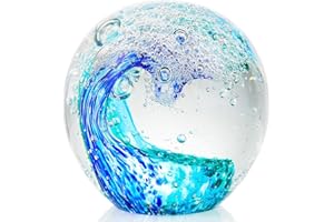 YWHL Hand Blown Ocean Decor Glass Waves Figurines Ball, Ocean Themed Gifts for Women Men, Sea Glass Decoration Collectible Figurines Paperweight for Home Office Decor