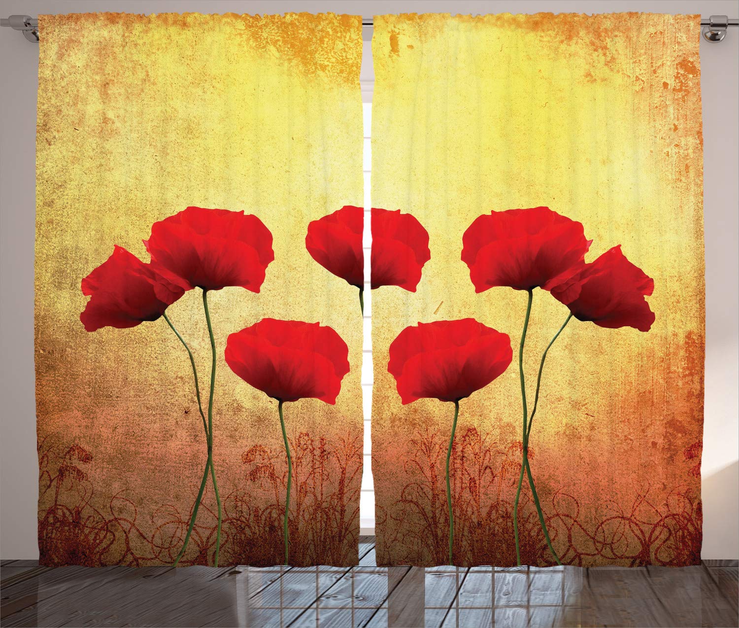 ABAKUHAUS Poppy Curtains, Poppies on Old Aged Retro Featured Backdrop Design Past Days Drama Petals, Living Room Bedroom Window Drapes 2 Panel Set, 280 x 175 cm, Light yellow scarlet red — image 1