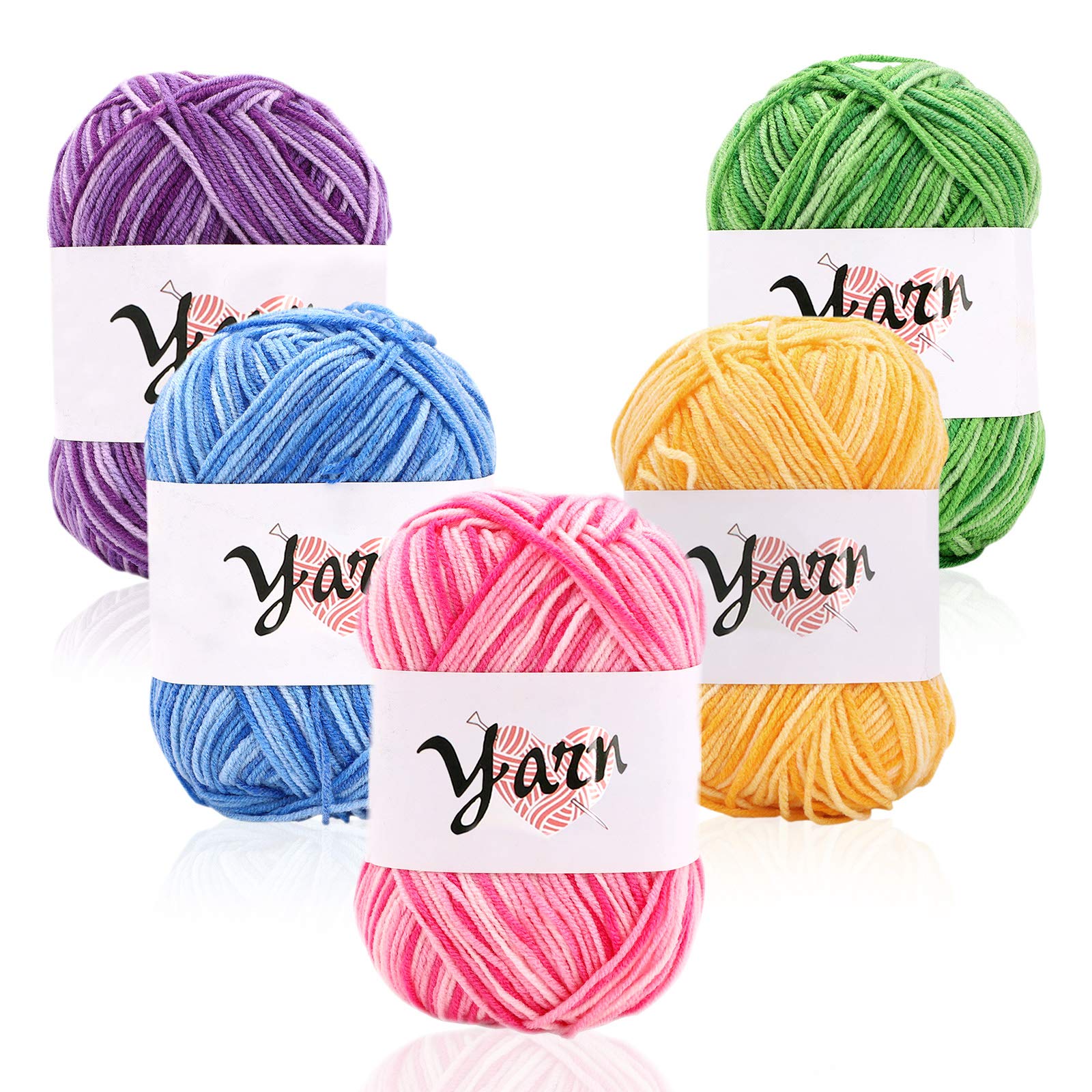 Wool Yarns 5 x 50g Skeins Pack Multicolour Value Yarn Set Super Soft Yarn Colourful Rainbow Yarn Durable Yarn Pack for Knitting,Crochet,Weaving,DIY Projects (Green,Pink,Yellow,Blue,Purple)