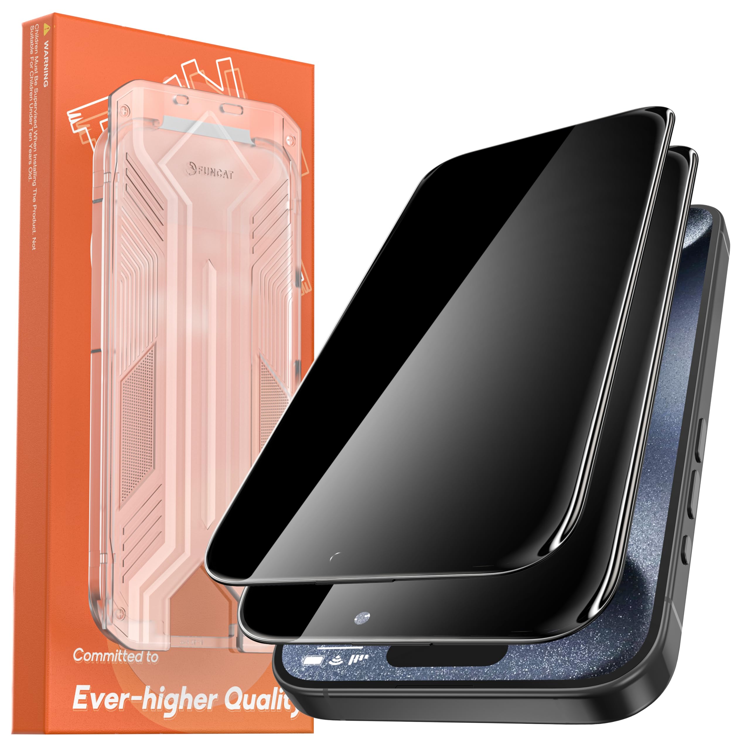 FUNCAT GLOBAL 2 Pack for iPhone 15 Pro Max Privacy Screen Protector Tempered Glass:9H+ Durable, Auto Positioning, Bubble Free, High Definition, Easy Installation