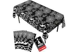 BEAUTLOHAS. Halloween Tablecloth Disposable 4 Pack 54×108 Inch-Black Plastic Halloween Decorations Table Cover with White Spider Webs & Bats-Large Spooky Table Decoration for Party Supplies