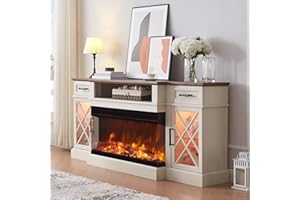 OKD 3-Sided Glass Farmhouse Electric Fireplace TV Stand for TVs up to 80'', Highboy Entertainment Center with Glass Door Storage Cabinet, 70'' Large TV Stands with 36'' Fireplace, Antique White