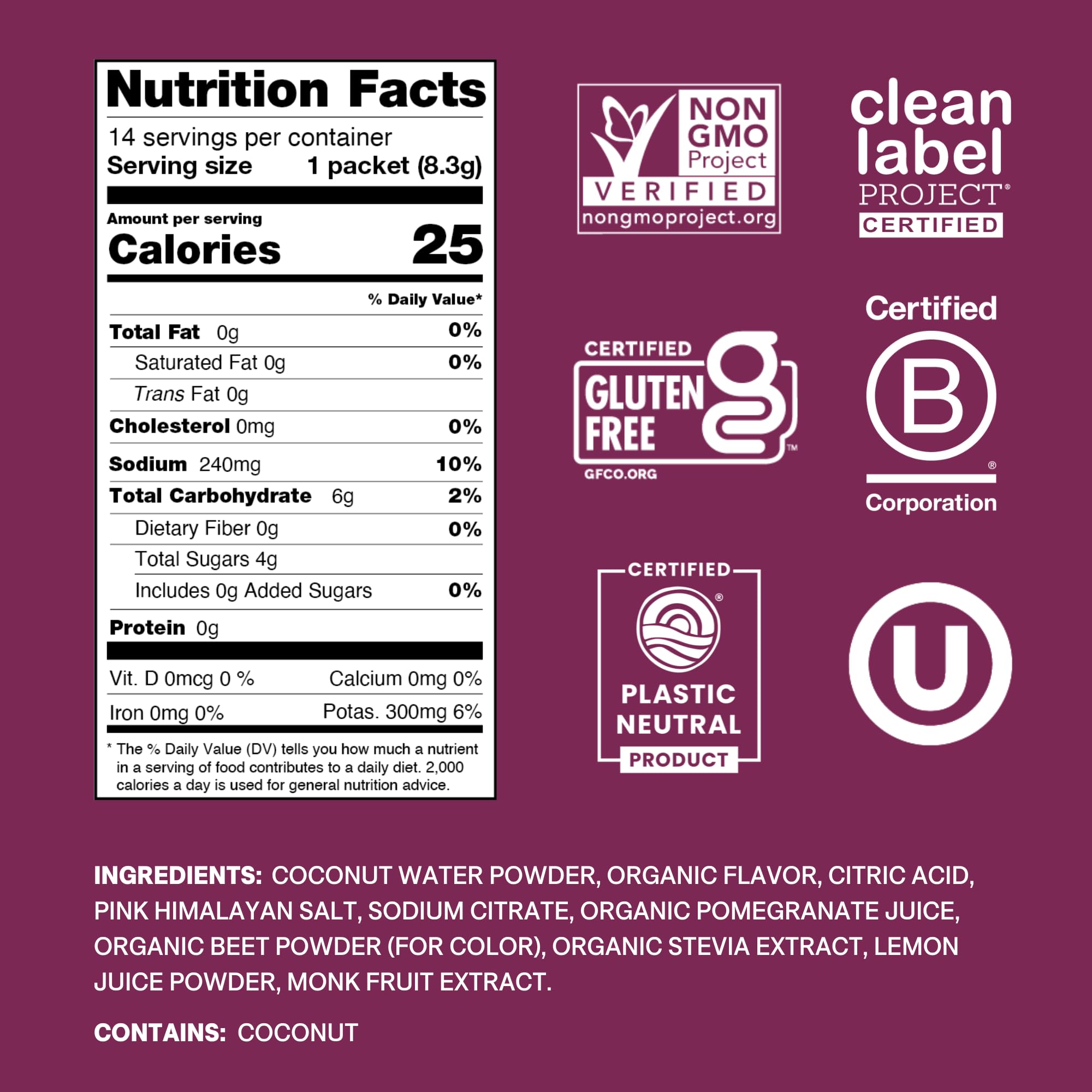 Cure Hydration | Plant-Based Electrolyte Drink Mix | No Added Sugar | FSA-HSA | Dehydration Relief Powder Made with Coconut Water | Non-GMO | Vegan | Pouch of 14 Packets - Berry Pomegranate