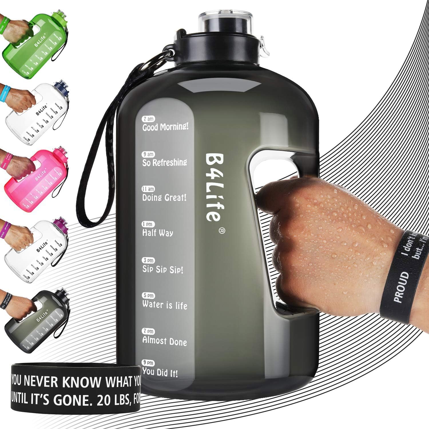 B4Life 1 Gallon Water Bottle with Time Marker, Motivational Wristband, Fitness Workout, Drink More Water Daily, Extra Large BPA-Free Water Bottle Leakproof with Flip Top