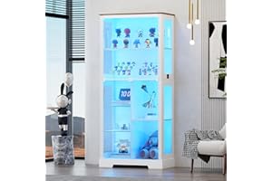 Display Cabinet with Glass Doors, 7-Tiers Glass Display Cases with Human Body Sensor&LED Lights for Lego, Figures, Modern Cur