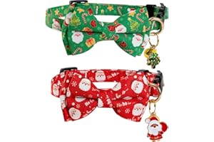 PREHAI Christmas Cat Collar with Cute Bow Tie Bell 2Pack Red Green Santa Claus Breakaway Collar for Male Female Soft Christmas Kitty Kitten Cute Cat Collars Ideal for Girl Cats Boy Male Cats