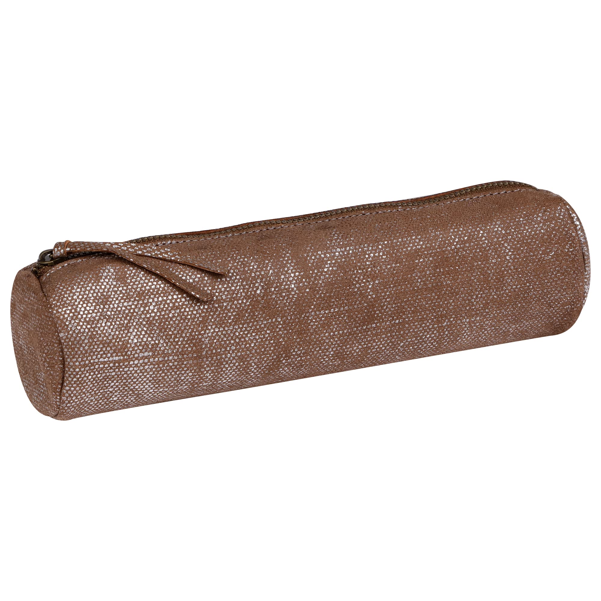 Clairefontaine - Ref 410035C - Kleo-Pathra' Leather Round Pencil Case - 22cm x 5.5cm, Made From Genuine Lambskin Leather, Metal Zip With Leather Puller - Silver