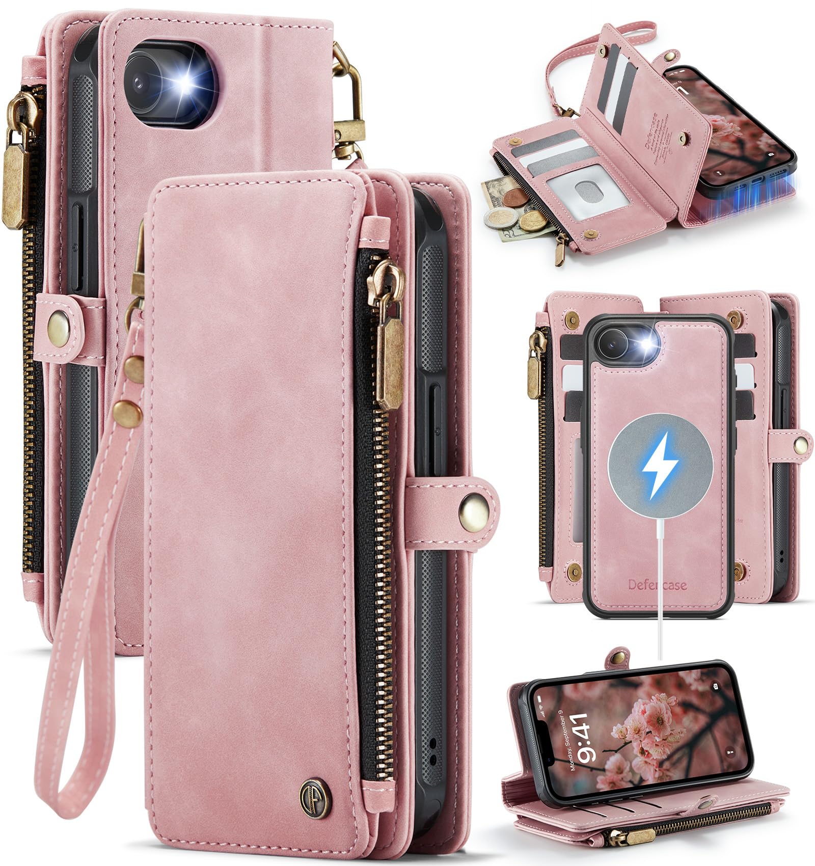 Defencase for iPhone 17E/ 16E Magnetic Wallet Case Compatible with Magsafe with RFID Blocking Zipper Pocket & Card Holder for Women Men, Leather Strap Detachable Case for iPhone 16e & 17e, Rose Pink