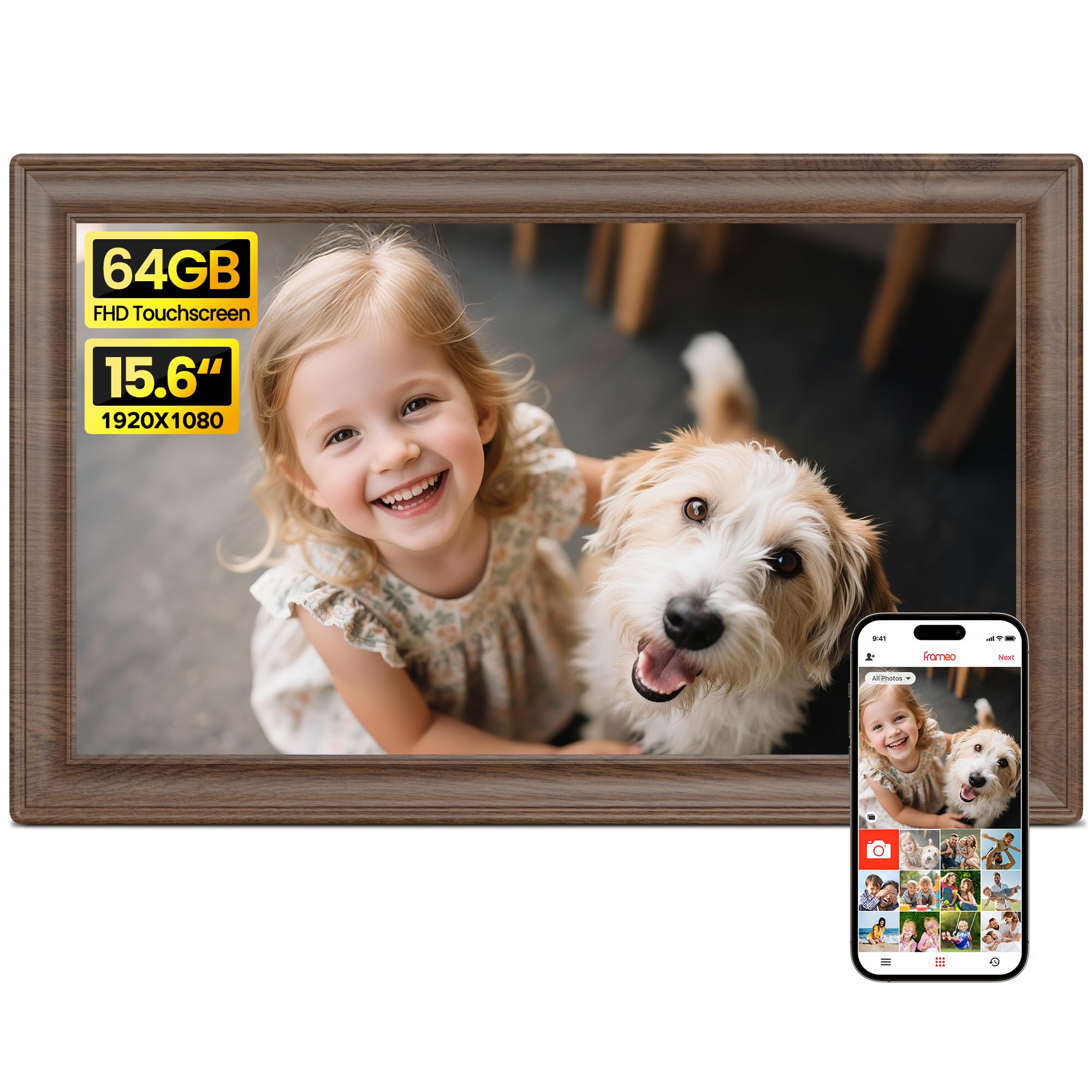 Photo 1 of 64GB 15.6" Frameo Digital Picture Frame WiFi, Large Electronic Photo Frames Wood 1920 x 1080 IPS FHD Touch Screen, Send Photos from Your Phone from Anywhere, Best Gifts for Family and Friends