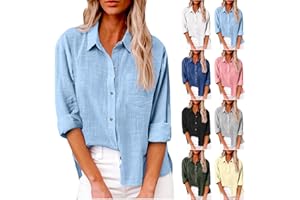 SHOPESSA Linen Shirts for Women Summer Plain Linen Button Down Shirts Long Sleeve Linen Top with Pockets Collared Blouse