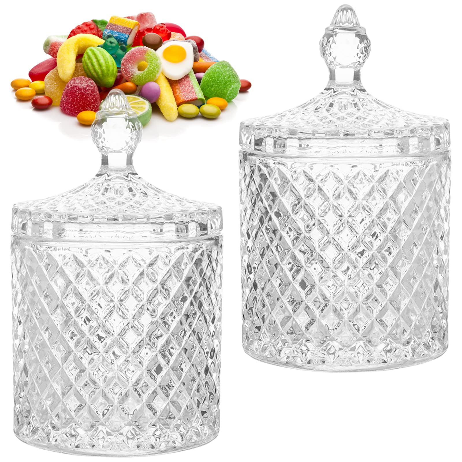 AMJKEJI 2 Pcs Cotton Bud Holder Organizer Home Decor Clear Glass Storage Jars with Lid Sweet Jars Bathroom Accessory Makeup Vanity Cotton Balls Wool Swab Pads Q Tip Holder Jars