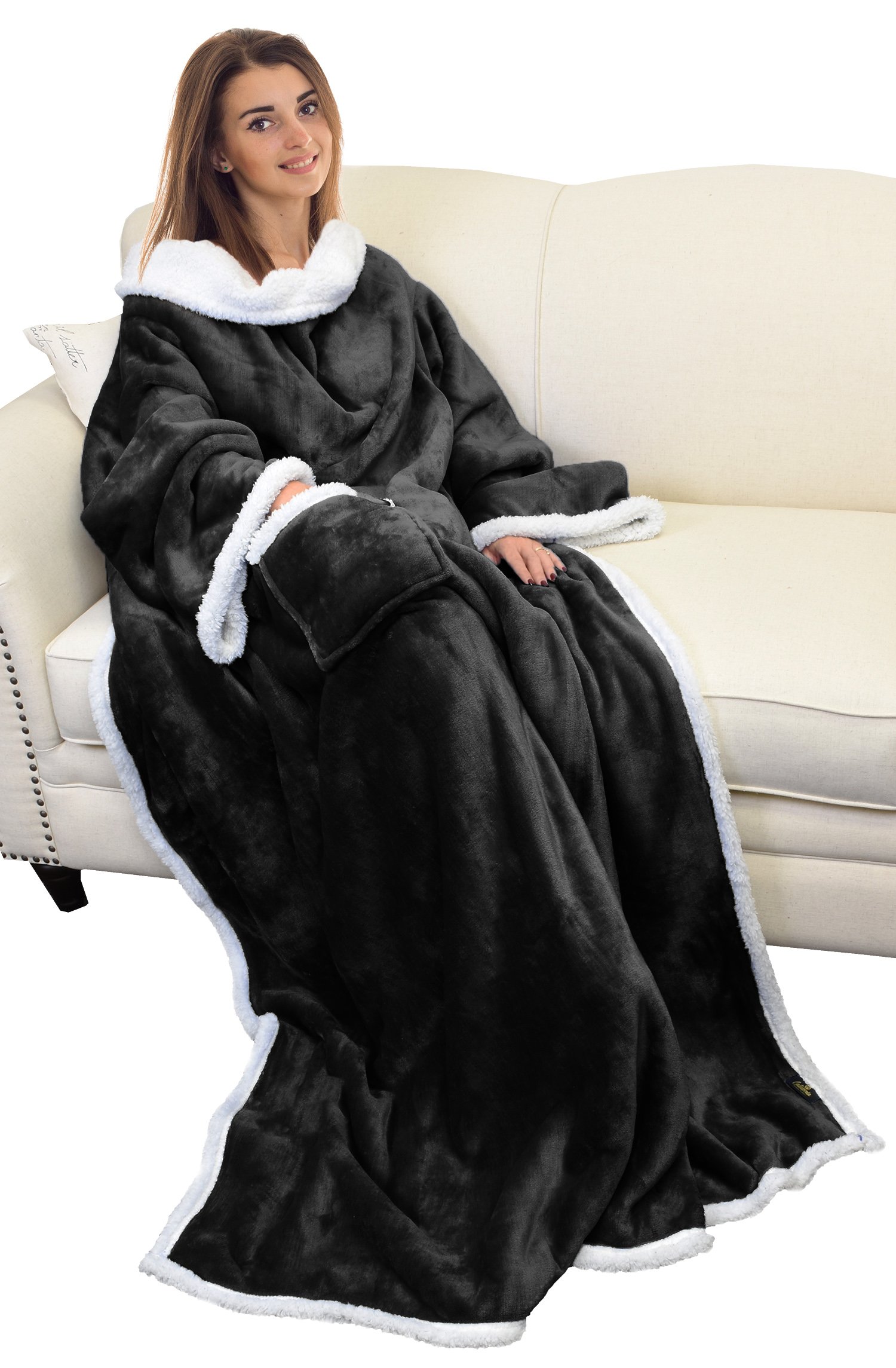 Catalonia Classy Wearable Blanket with Sleeves, Warm Sherpa Fleece TV Snuggle Blanket with Arms for Sofa Couch, Cozy Sleeved Throw Christmas Gift for Women Wife Man, 185 x 140 cm, Black