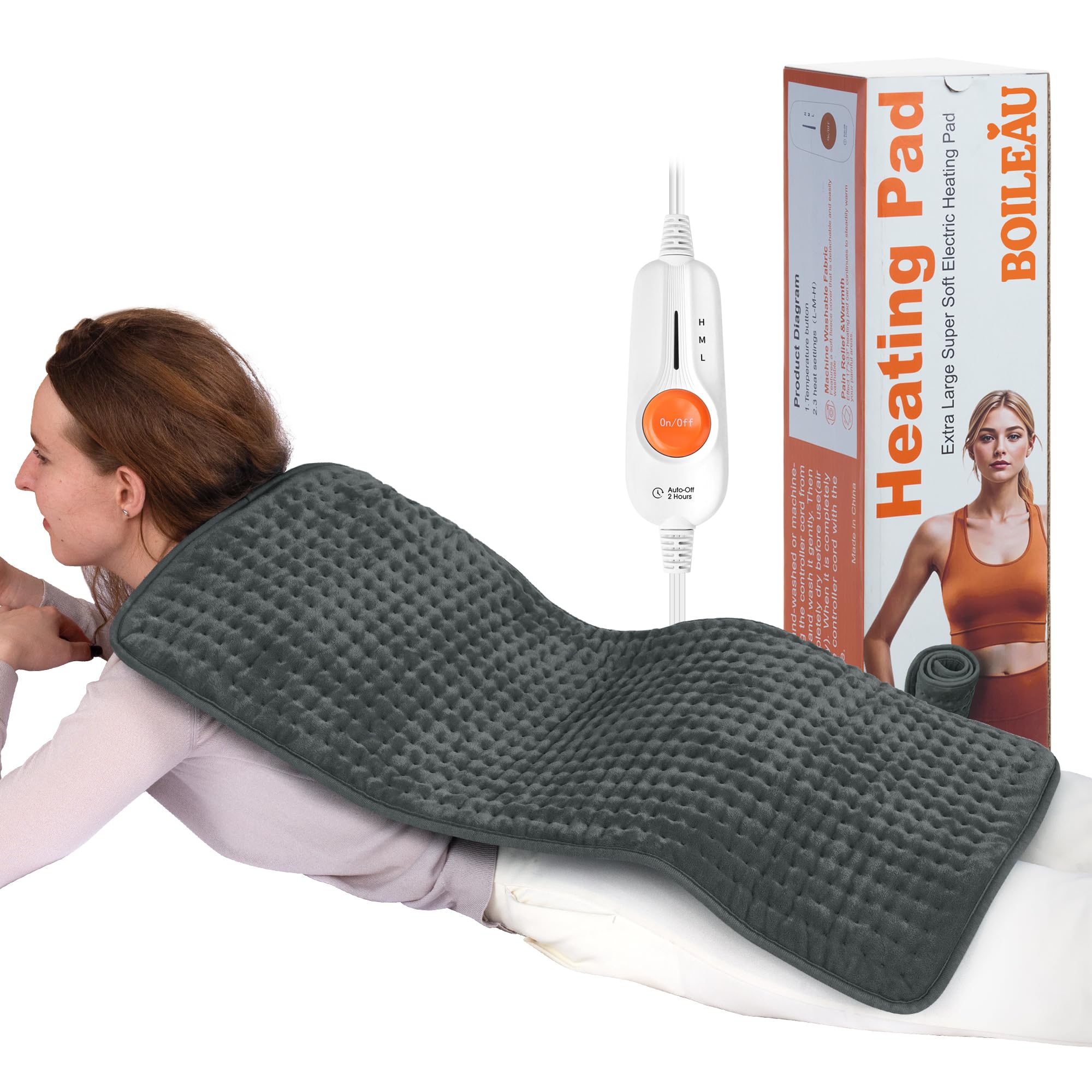 Photo 1 of Boileau Electric Heating Pad for Back Pain and Period Cramps Relief, 17"x33" Extra Large XXXL, 3 Heating Levels Heat Pad with 2-Hour Auto Shut Off, Gifts for Women and Mom, Grey